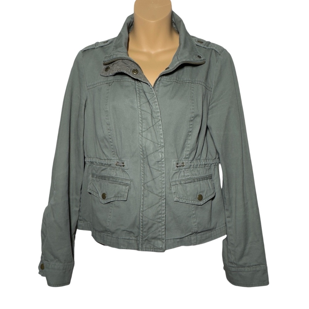 American Rag Gray Utility Jacket Collar Drawstring Waist Pockets M Roll Sleeves